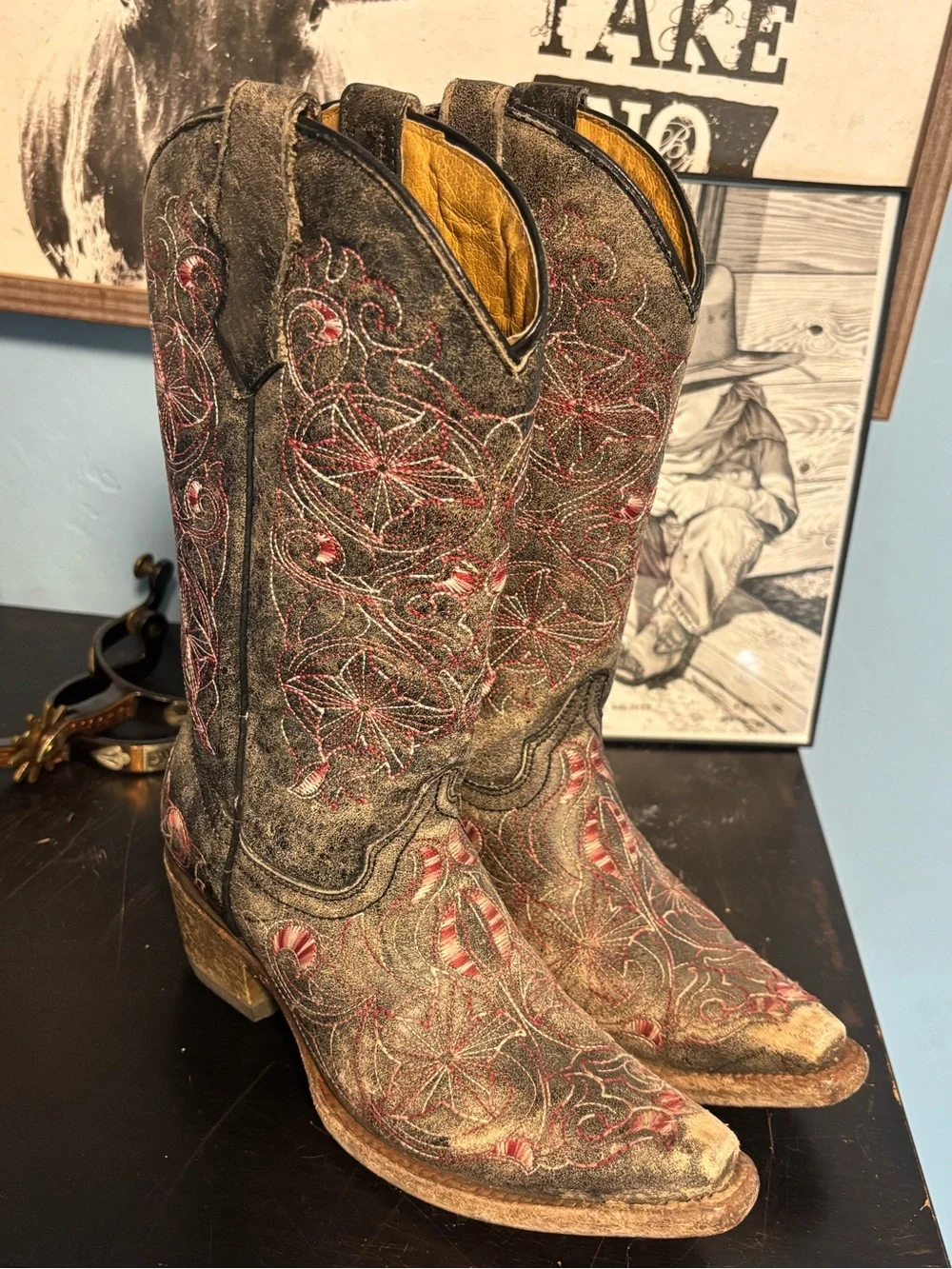 Girls' Corral Cowboy Boots with Red Embroidery